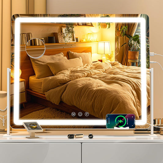 Vanity Mirror with Lights, 25.6'' x 22'' Lighted Makeup Mirror, Touch Screen with 3-Color Lighting, Dimmable for Vanity Desk Tabletop Round White