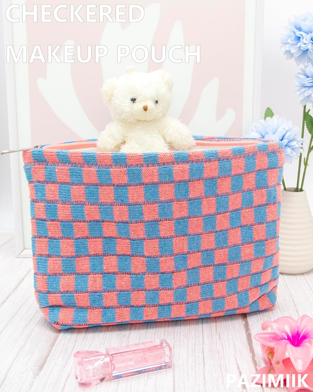 PAZIMIIK Knitted Checkered Makeup Bag Large Zipper Make Up Accessory Pouch for Purse Cosmetic Brush Bag for Travel Red Blue