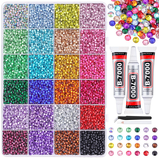 24000Pcs Resin Rhinestones for Bedazzling with Tweezers, Multicolor 3mm Rhinestones for Crafting with 3Pcs 10ml B7000 Jewelry Glue for DIY Crafts Clothing Tumblers Shoes Fabric Nail Art