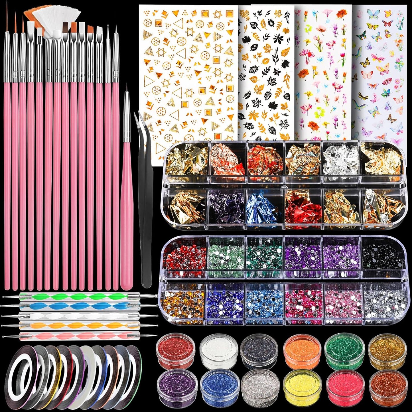 Teenitor Nail Art Brushes Nail Art Tools, Nail Brushes for Nail Art Kit with Nail Stickers, Nail Design Tools Nail Design Brushes Nail Gems, Nail Stuff Dotting Tools Nail Art Stickers Nail Supplies