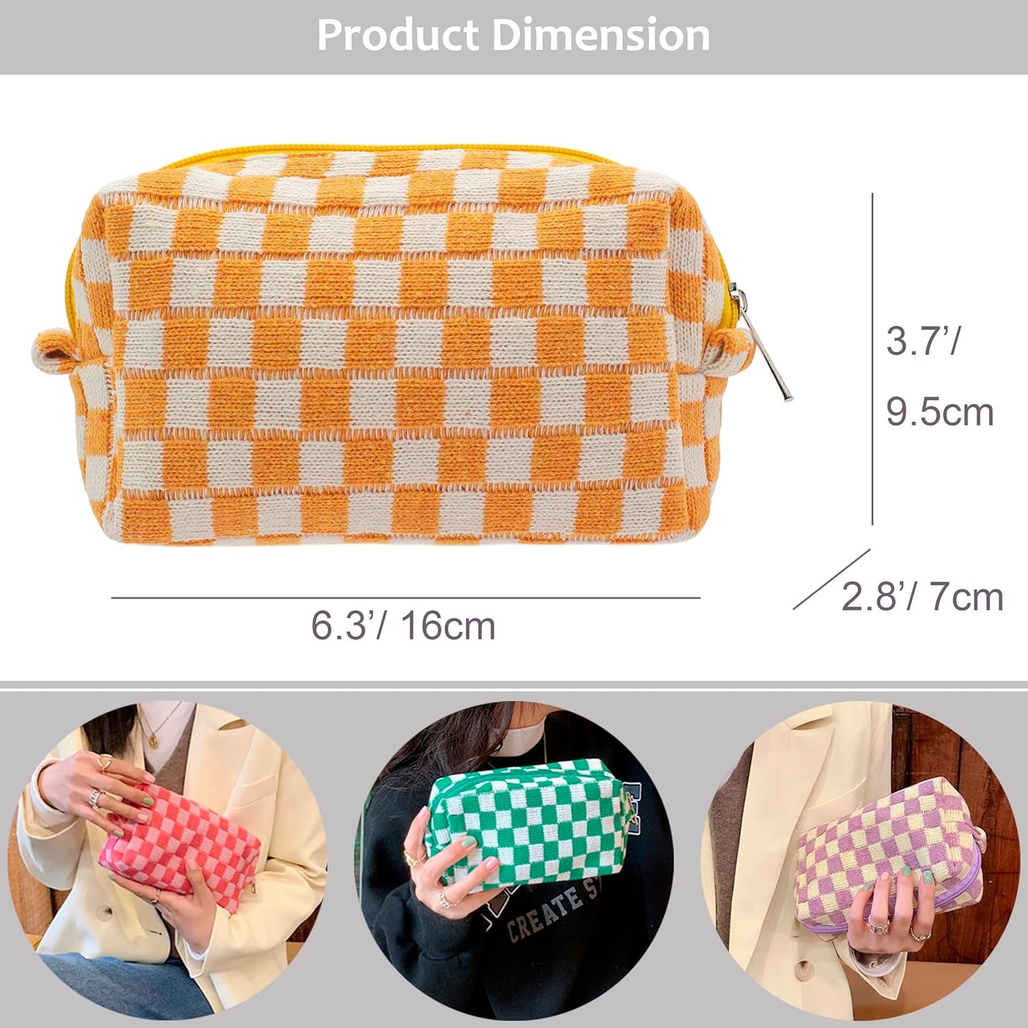 PAZIMIIK Checkered Makeup Bag for Purse Portable Zipper Make Up Pouch Small Cosmetic Case for Travel Accessories (Orange)