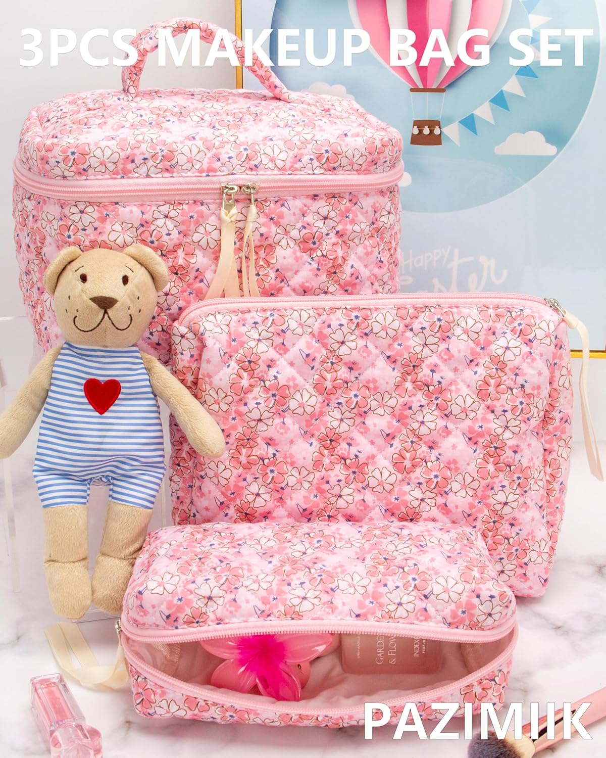 PAZIMIIK 3PCS Makeup Bag SET Large Travel Quilted Zipper Soft Cosmetic Case Pouch for Women Girls Make Up,Pink Flower