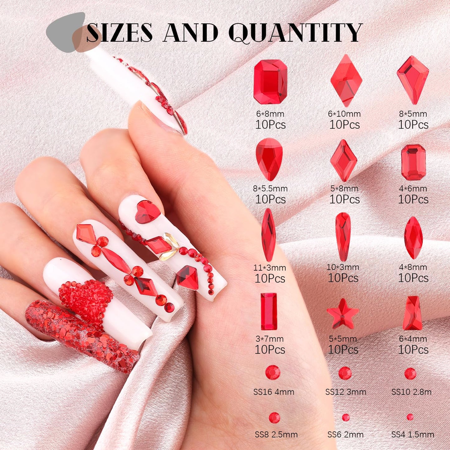 3220Pcs Red Glass Rhinestones 120Pcs Multi Shapes Flatback Gems + 3100Pcs 1.5-4mm Round Crystal With Glue Gel, Manicure Charms Diamond Gemstones for Nail Art