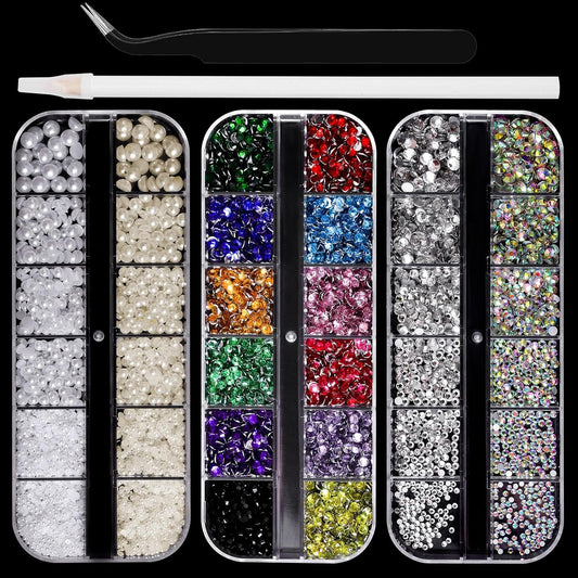 Flatback Rhinestones Half Pearls for Crafting, 1.6-4mm Colorful Crystal AB Rhinestones and 1.5-6mm Small Pearls for Bedazzling, Clothes and Nails Art