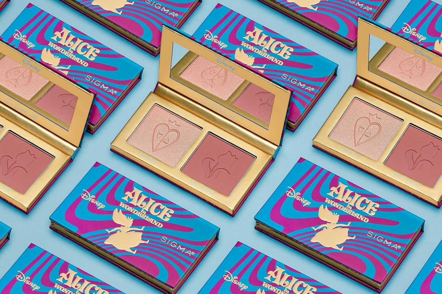 Sigma Beauty and Disney Makeup Palette- Alice in Wonderland Highlighter and Blush Palette - Long lasting blush and Highlighter Pressed Powder - Gluten Free, Cruelty Free, Vegan Makeup Palette