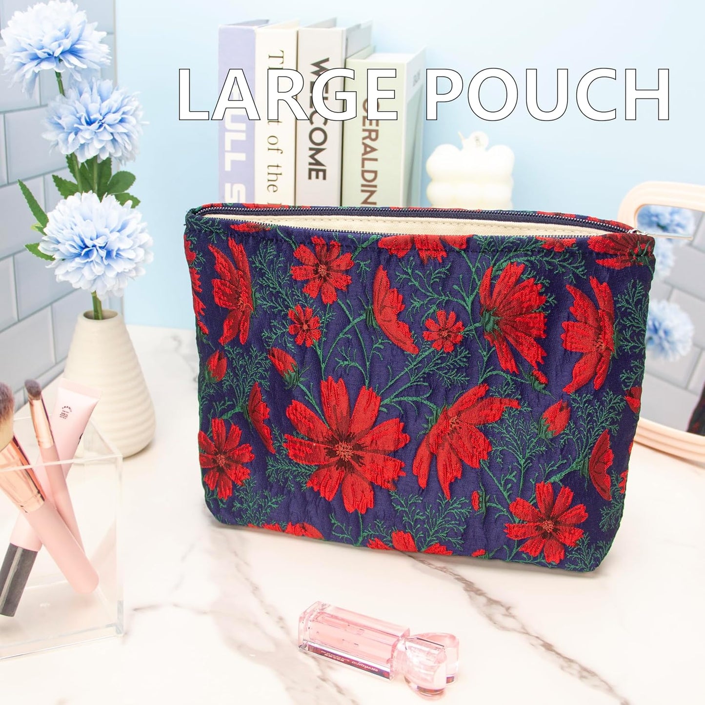 PAZIMIIK Makeup Bag Large Cotton Zipper Pouch for Purse Travel Canvas Make Up Organizer for Women Cosmetic,Brocade Navy Blue