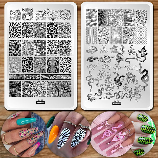 Leopard Snake Nail Stamping Plate Stencils for Nail Art Reusable 2Pcs Large Size Nail Stamper Plates Templates Cat Crocodiles Stripes Line Print Nail Design Stamp Plate Stainless Steel Nail Art Tools