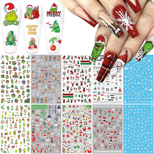 10 Sheets Christmas Nail Art Stickers 3D Xmas Nail Decals Winter Snowflake Santa Claus Snowman Buffalo Plaid Reindeer Nail Stickers for Christmas Nail Designs Decorations Manicure Tips Charms